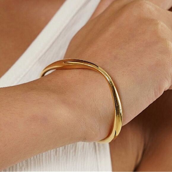 Gold Irregular Bangle Cuff Bracelet, Geometric, Asymmetric - Picture 7 of 15